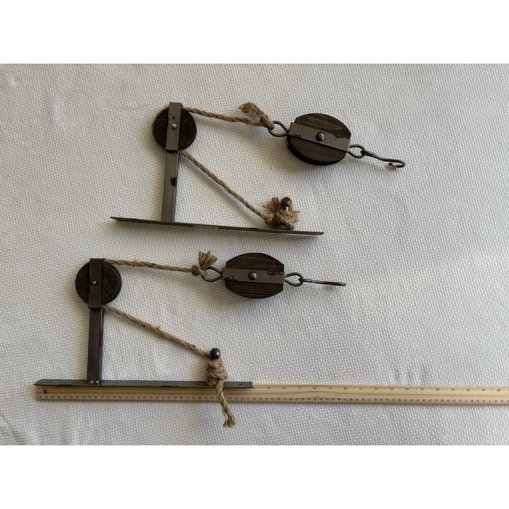 Pulley Mounting Brackets With Hook Rustic Vintage Inspired Metal Wood Twine Set - Picture 5 of 10